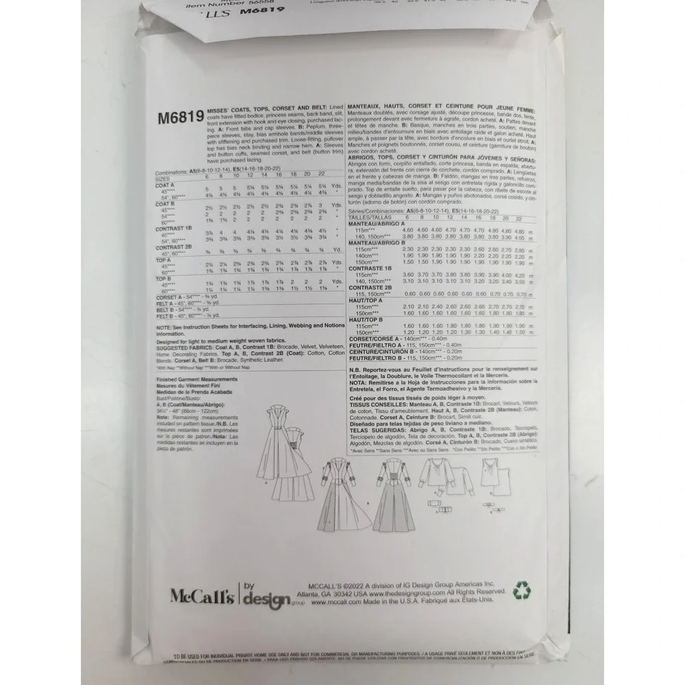 McCalls Costumes Sewing Pattrn M6819 Sz E5 14 16 18 20 22 Factory‎ Fold Uncut